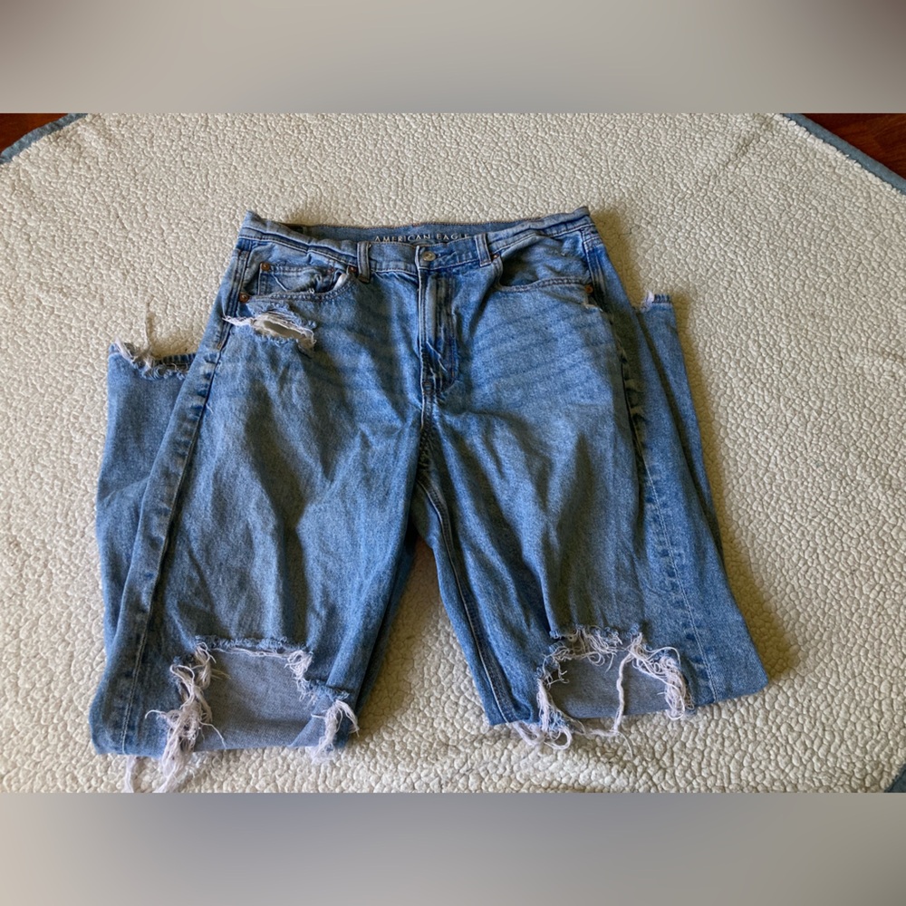 American Eagle brand, super high-rise baggy straight, size 12, distressed denim